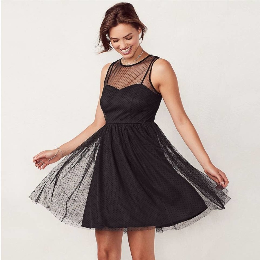 LC Lauren Conrad Women's Flocked Tulle Fit & Flare Dress Black Polka Dot Size 4